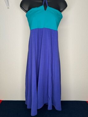 Vintage 90’s PrAna Solana Colorblock Teal and Royal Blue Halter Dress